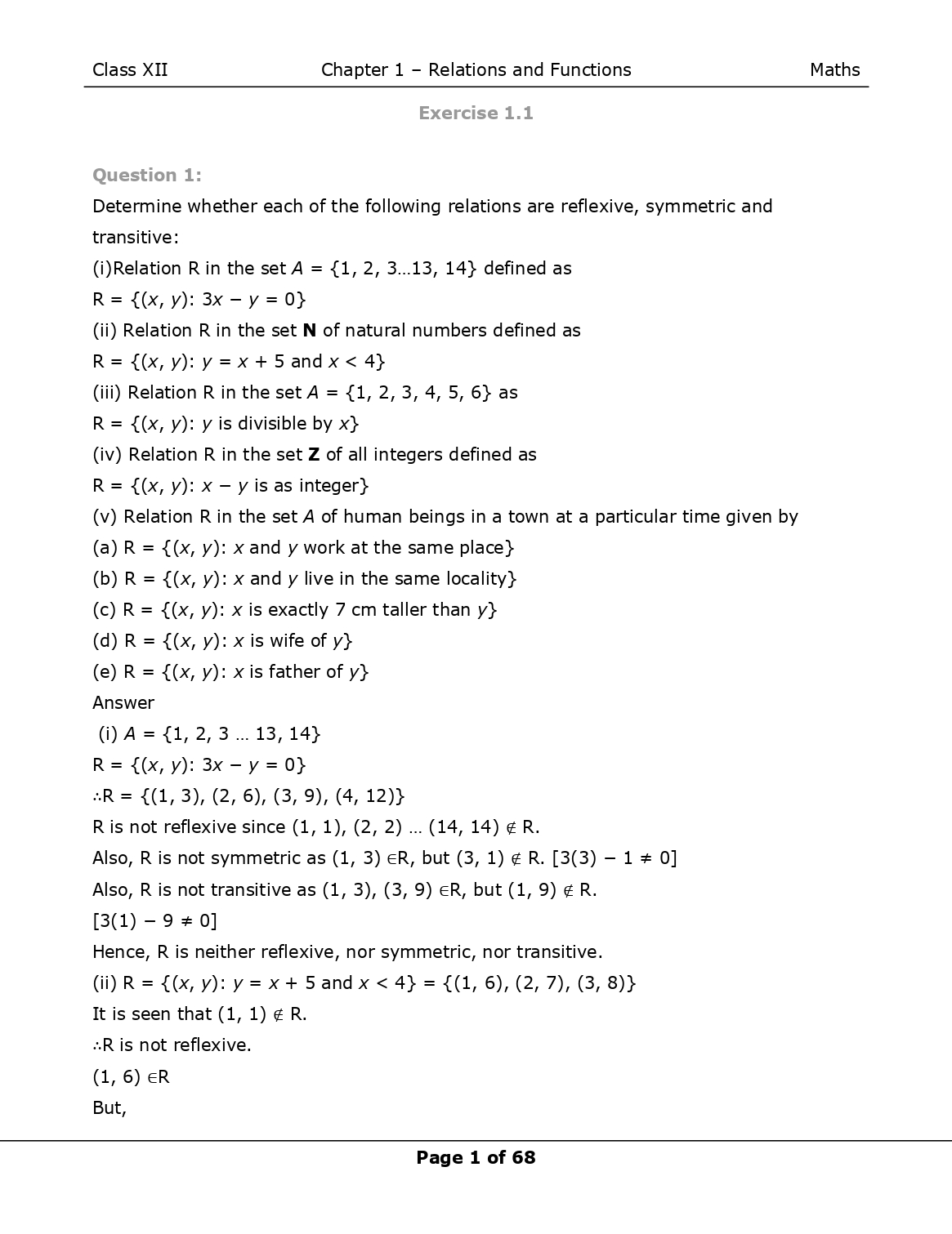 NCERT Class 12 Maths Chapter 1 Relations and Functions Solutions Page 1